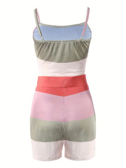 Casual Block Two piece Set Sleeveless Coat Cami Top Drawstring Shorts