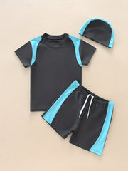 Boys 3pcs Swimsuit Short Sleeve Tee & Shorts & Cap Quick Drying Beach Vacation