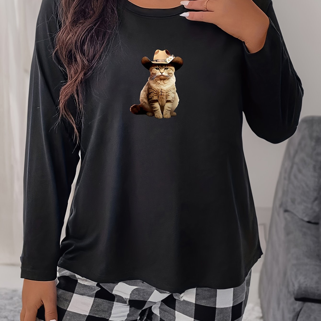 Cat In Cowboy Hat Print Pajama Top
