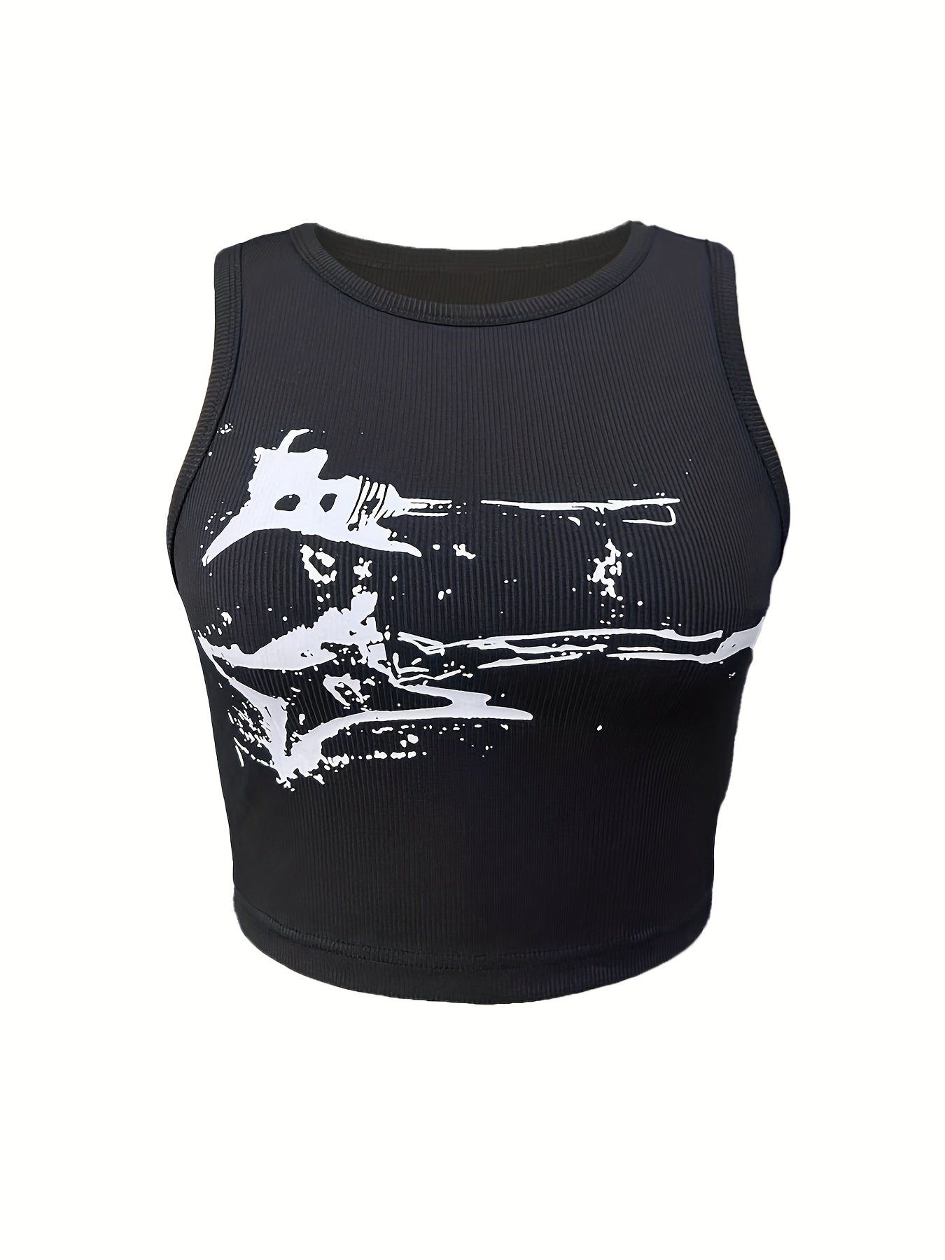 Y2k Graffiti Print Crop Tank Top Sleeveless Crew Neck Summer Women's Clothing