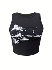 Y2k Graffiti Print Crop Tank Top Sleeveless Crew Neck Summer Women's Clothing