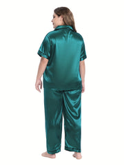 Satin Pajamas Set Short Sleeve Button Up Lounge Two Piece Set