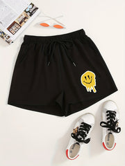 Smile Face Print Hotpants Yoga Drawstring Waist Shorts