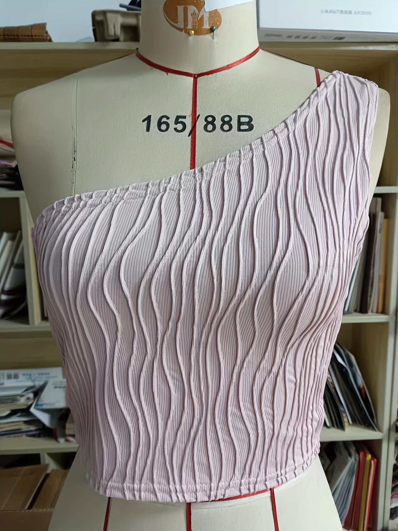 Wavy Stripe One Shoulder Crop Top Casual Solid Ruched Slim Sleeveless Top