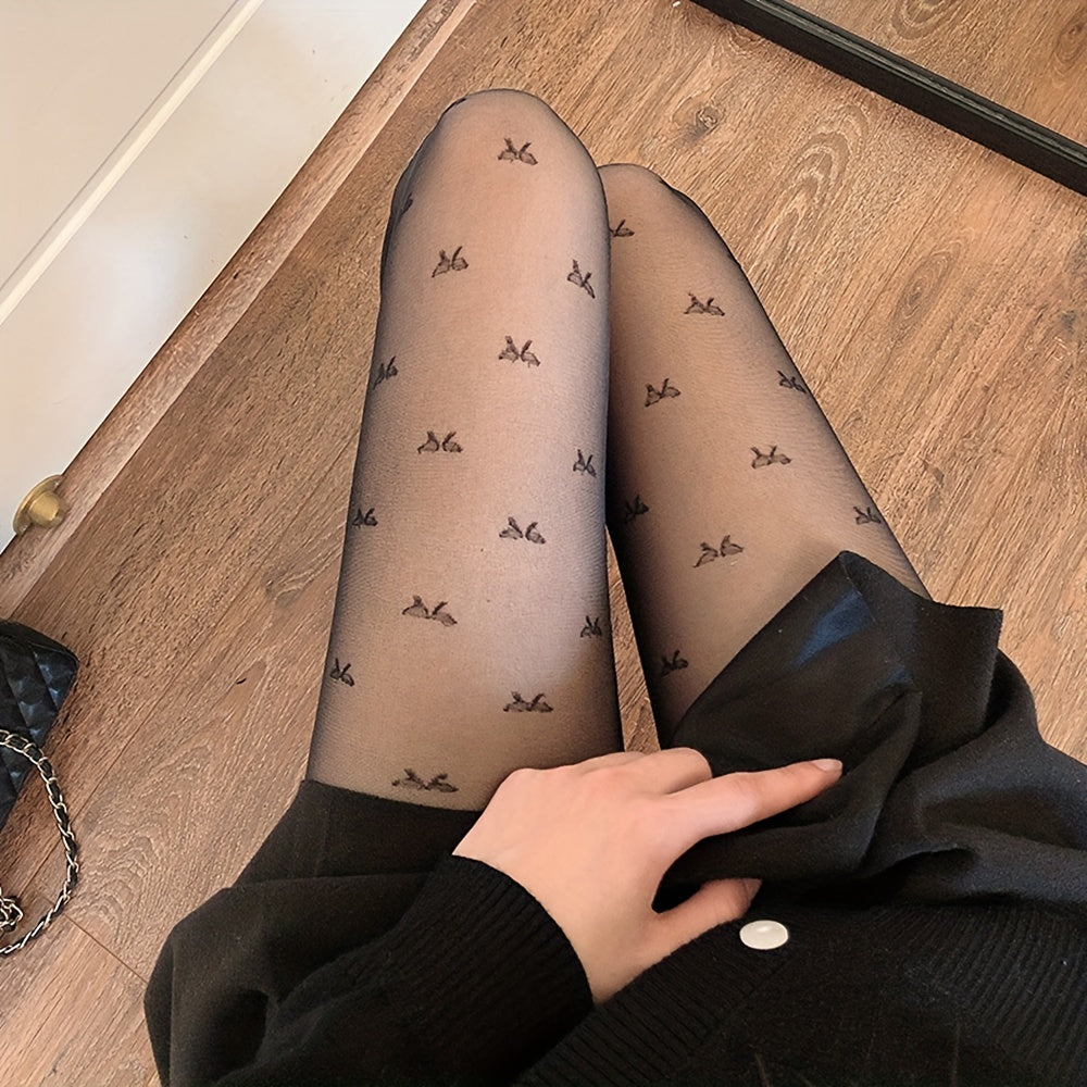 Bow Pattern High Waist Sheer Footed Pantyhose
