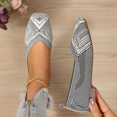 Women's Knitted Square Toe Flat Shoes Breathable Slip On Casual Walking Shoes