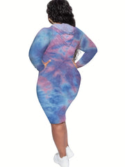 Boho Dress Women's Plus Tie Dye Long Sleeve Hooded Sweatshirt Dress