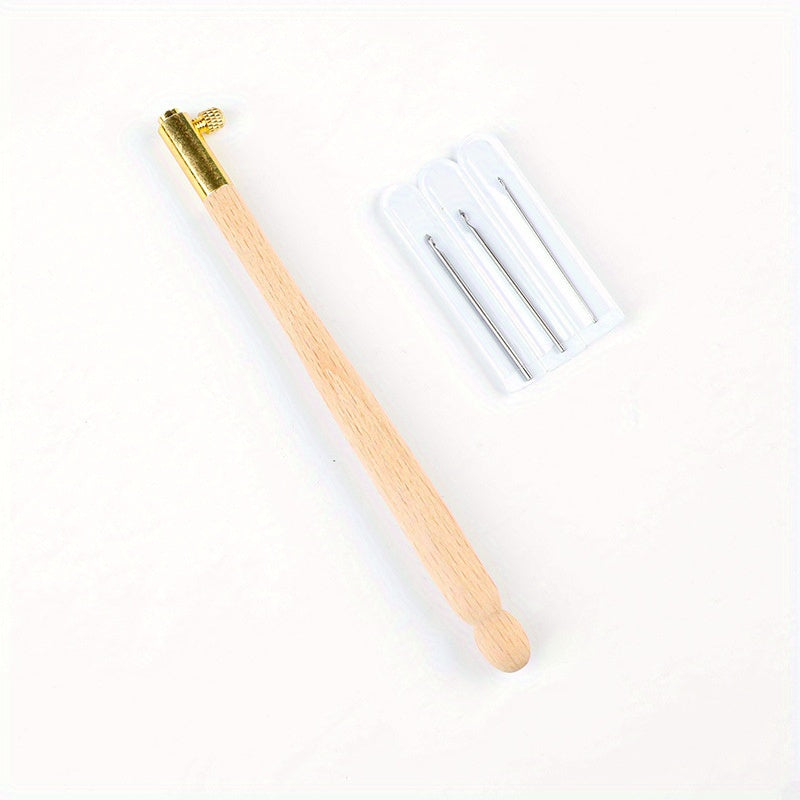 Embroidery Crochet Hooks w/ 3 Needles Wooden Handle French Tambour Tools