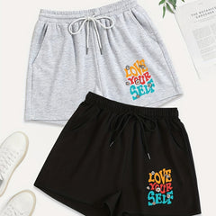 2 Pack Women's Plus Sporty Shorts Set Slogan & Daisy Print