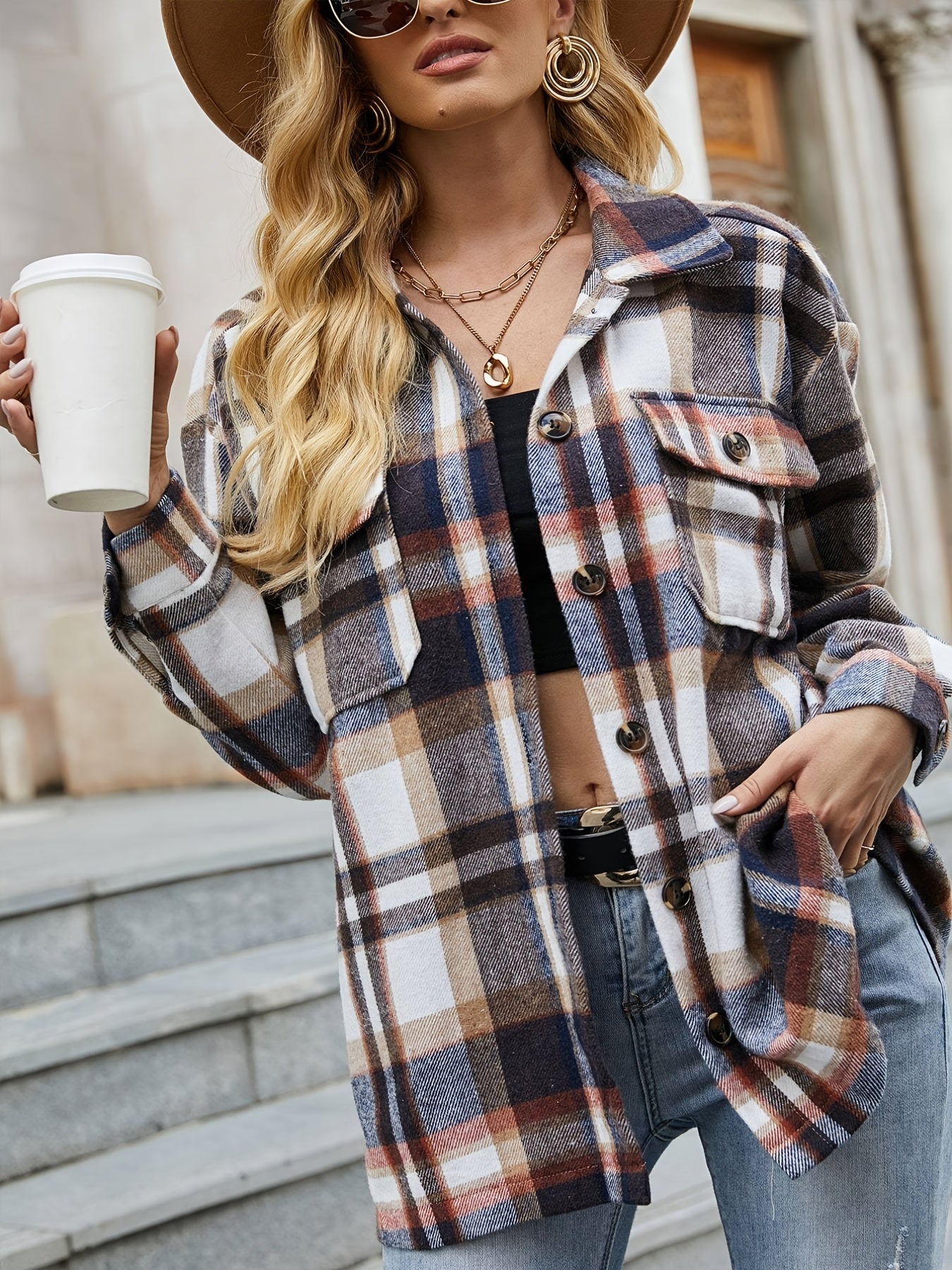 Plaid Print Polo Collar Shirt Casual Long Sleeve Shirt
