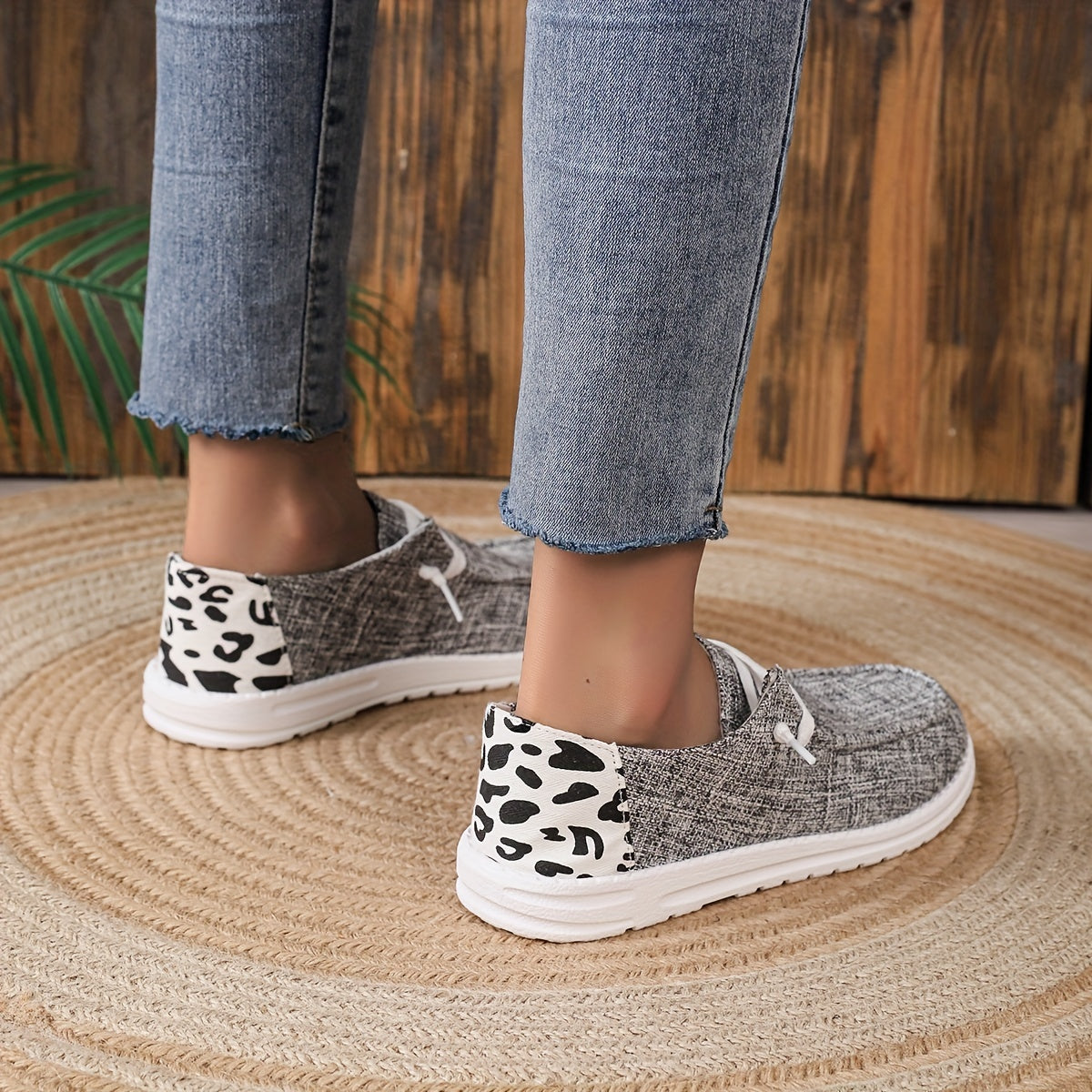 Cow Print Canvas Lace Up Loafers