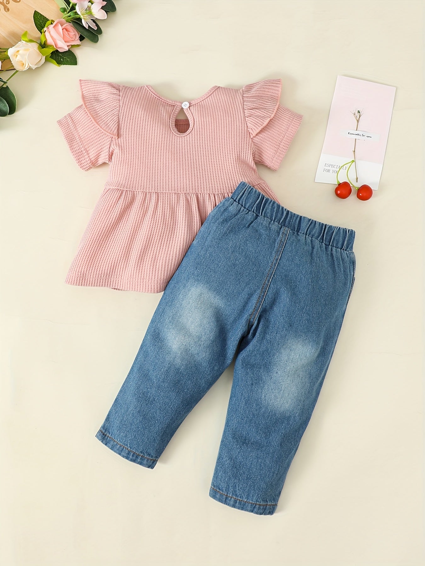 2pcs Baby Girls Bowknot Ruffle Top & Ripped Jeans Set