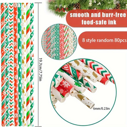 80pcs Christmas Paper Straws Decorative Straws Christmas Party Supplies