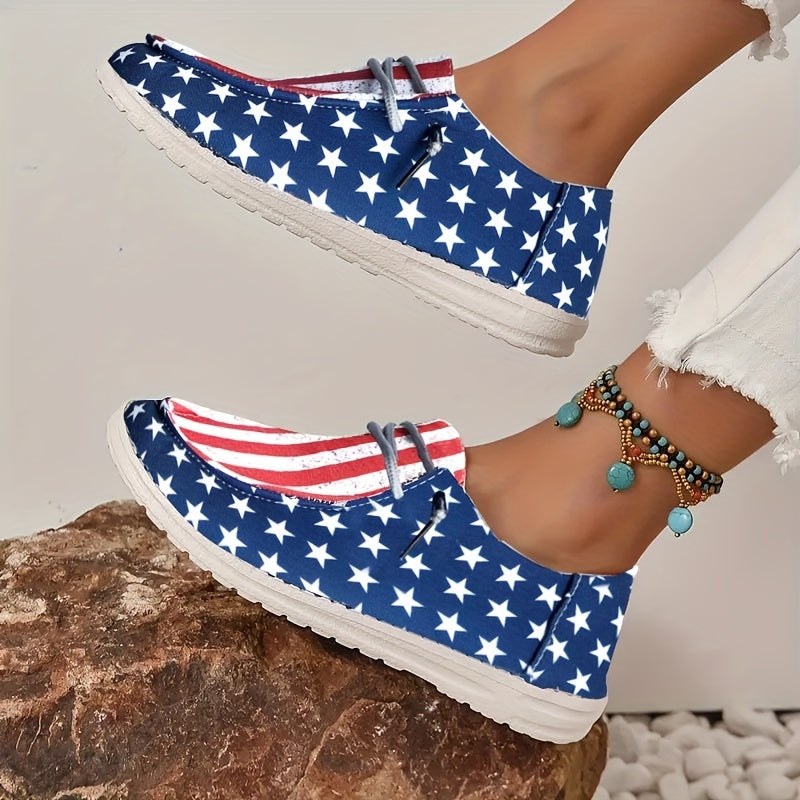 Women's Patriotic Boat Shoes Star Stripe Canvas Lace Sneak