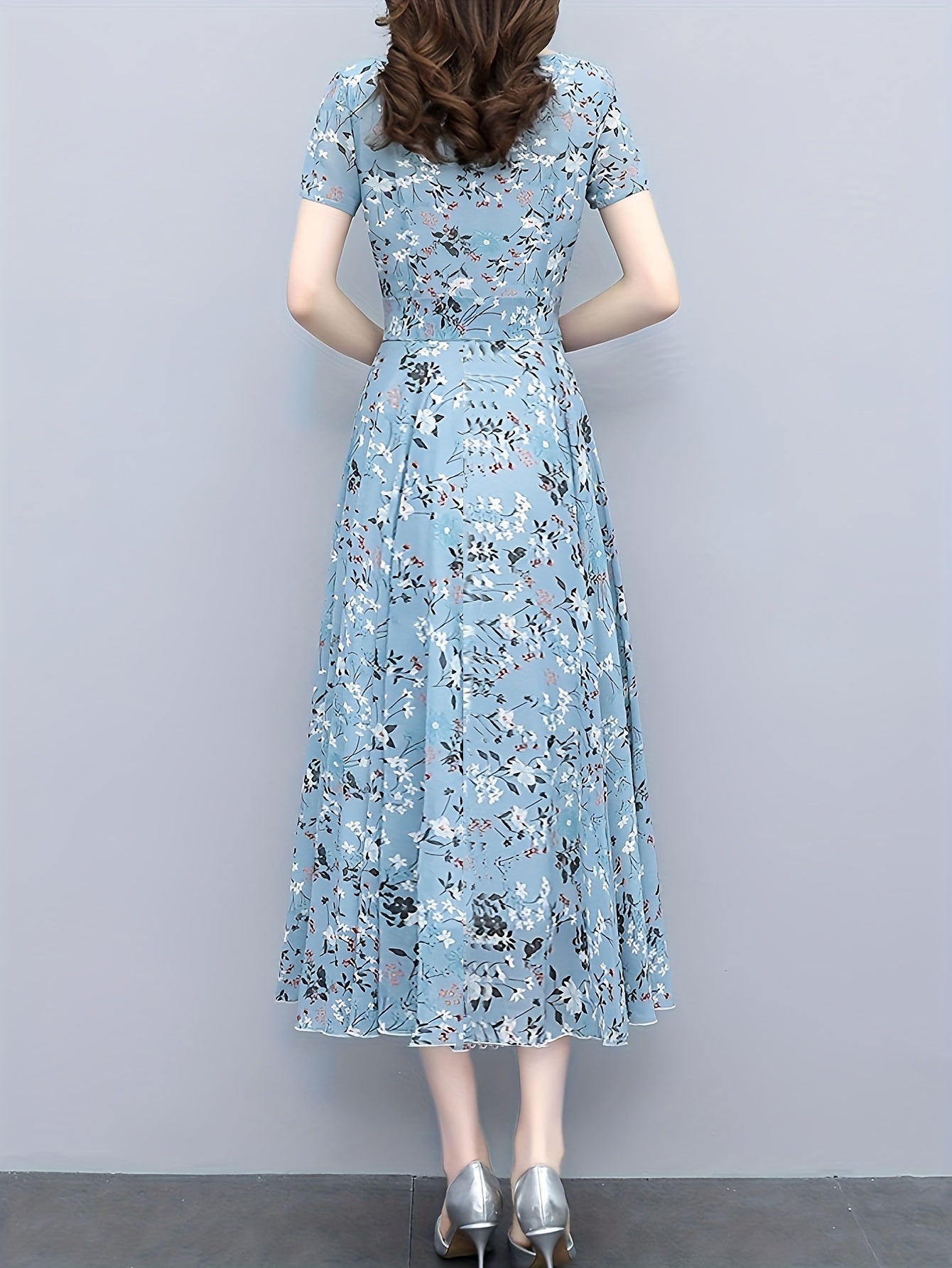 Floral Print Chiffon Dress Crew Neck Short Sleeve Casual Dress