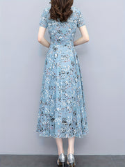 Floral Print Chiffon Dress Crew Neck Short Sleeve Casual Dress