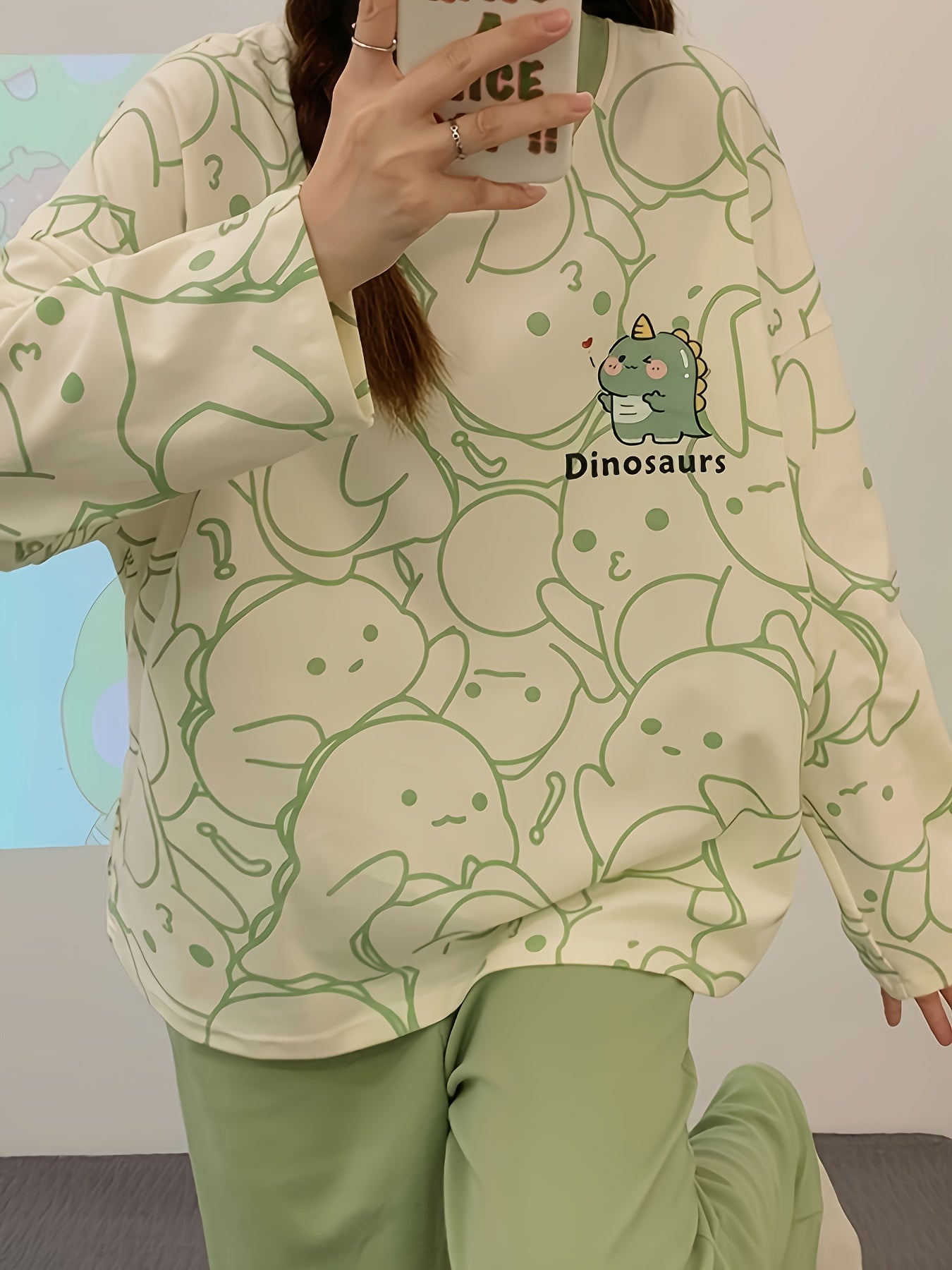 Dino Print Pajama Set Long Sleeve Top & Pants Women's Loungewear
