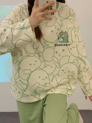 Dino Print Pajama Set Long Sleeve Top & Pants Women's Loungewear