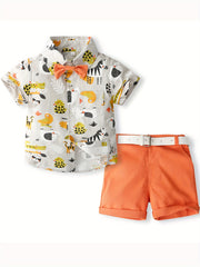 Boys Casual Outfit Animals Graphic Print Shirt&Shorts Set