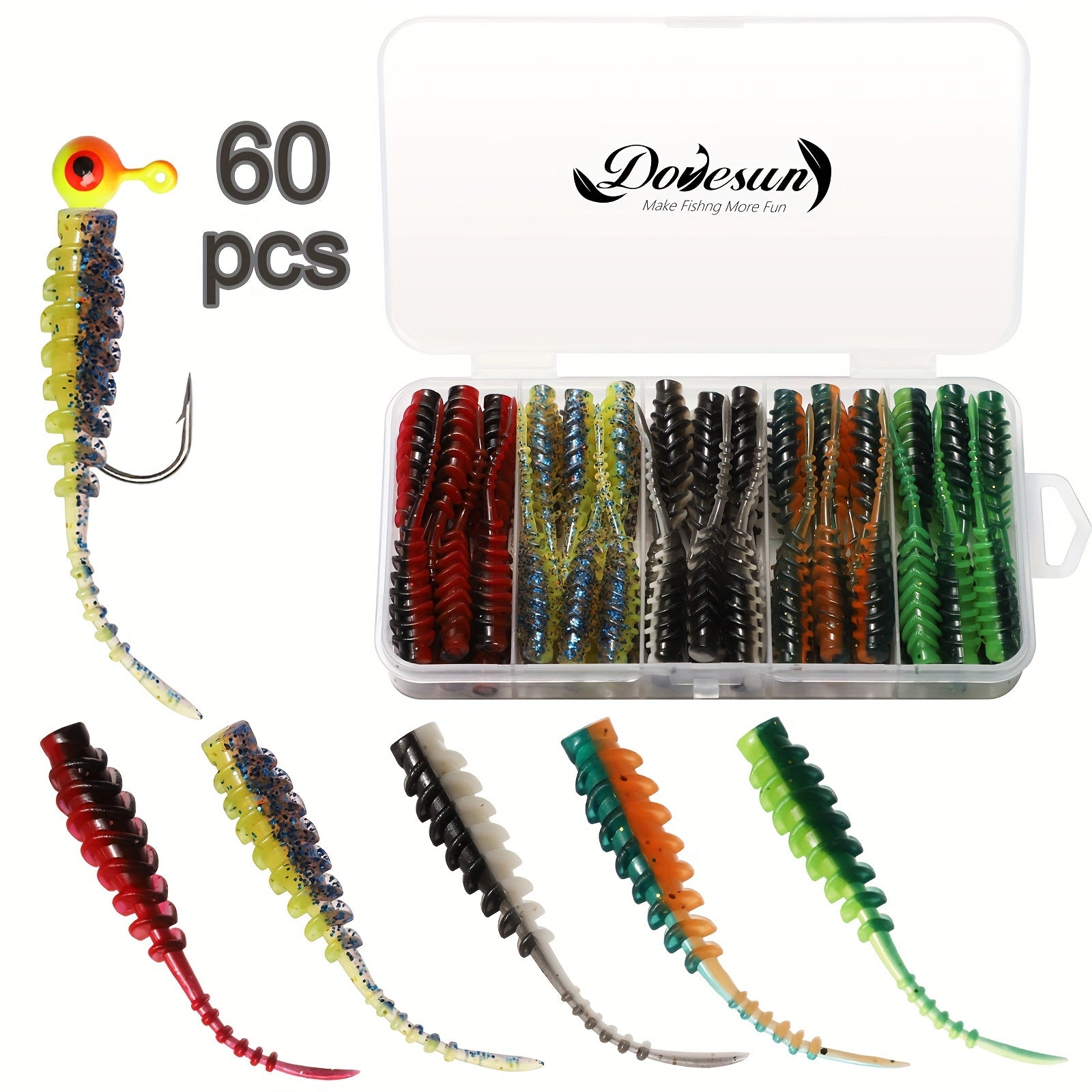 Dovesun 60pcs Soft Fishing Lures Set with Tackle Box
