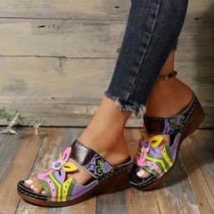 Women's Flower Decor Wedge Sandals Comfortable Open Toe Strap Shoes