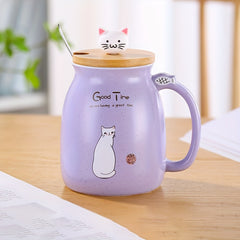 450ml Cartoon Cat Ceramic Mug with Wooden Lid & Spoon Handle