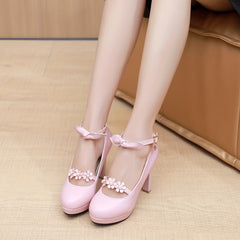 Women's Platform High Heels Flower Faux Pearl Decor Chunky Heels