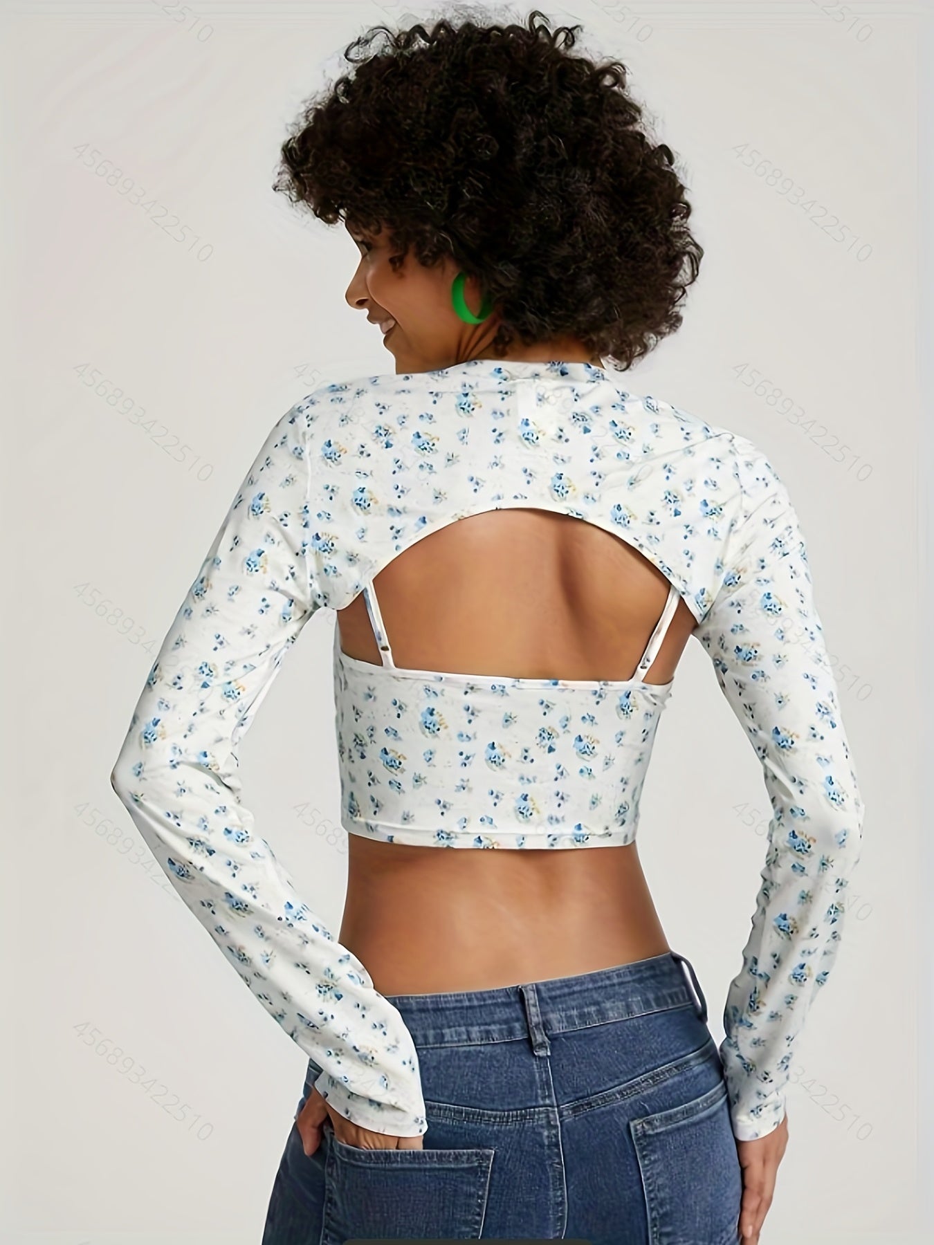 Floral Print Two piece Set Long Sleeve Crew Neck Tops & Bralette Set