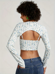 Floral Print Two piece Set Long Sleeve Crew Neck Tops & Bralette Set