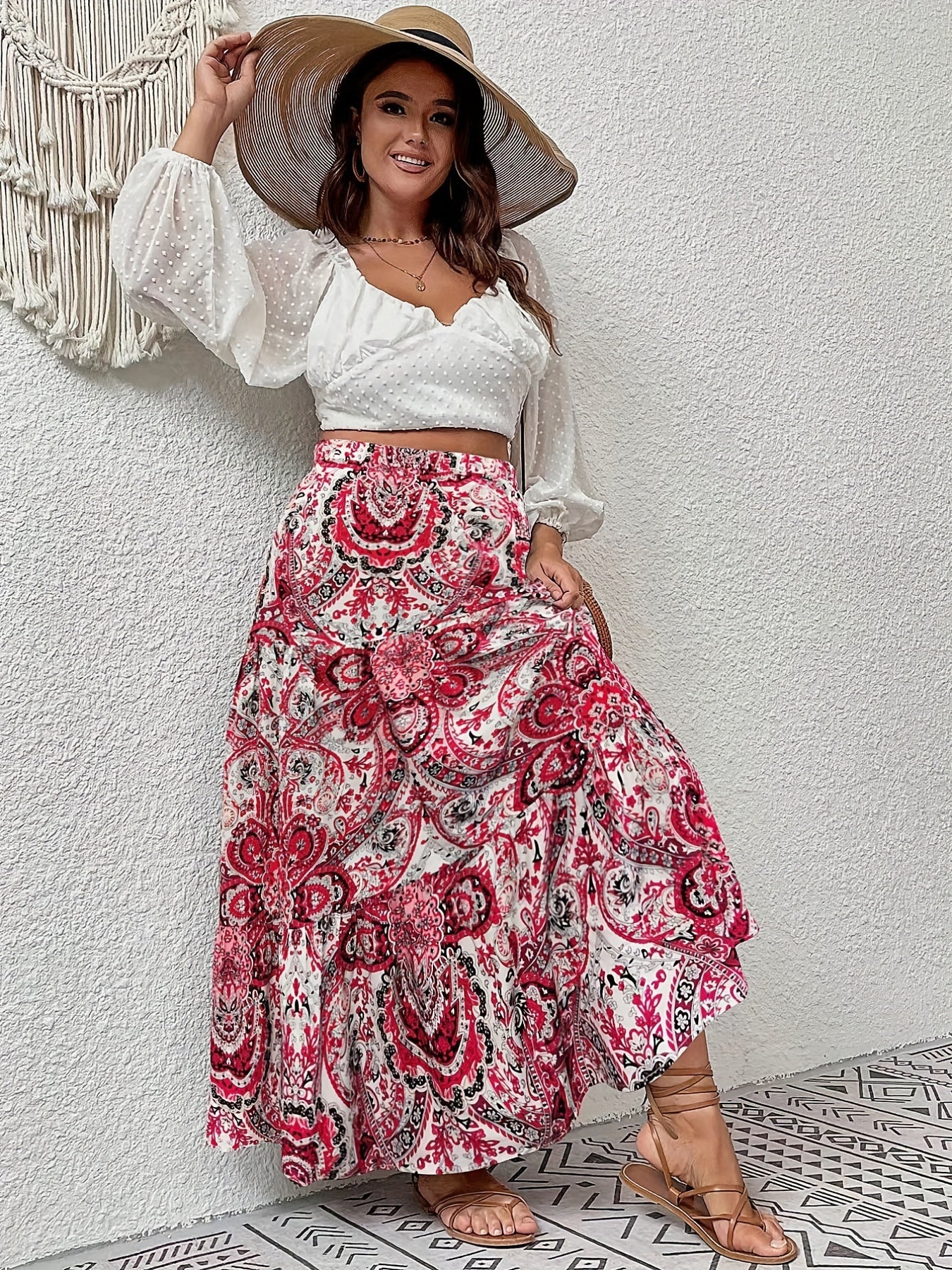 Boho Skirt Women's Plus Paisley Print High Rise A line Maxi Skirt
