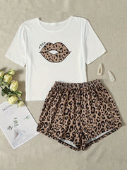 Leopard Print Pajamas Set Short Sleeve Top & Shorts Sleepwear Loungewear