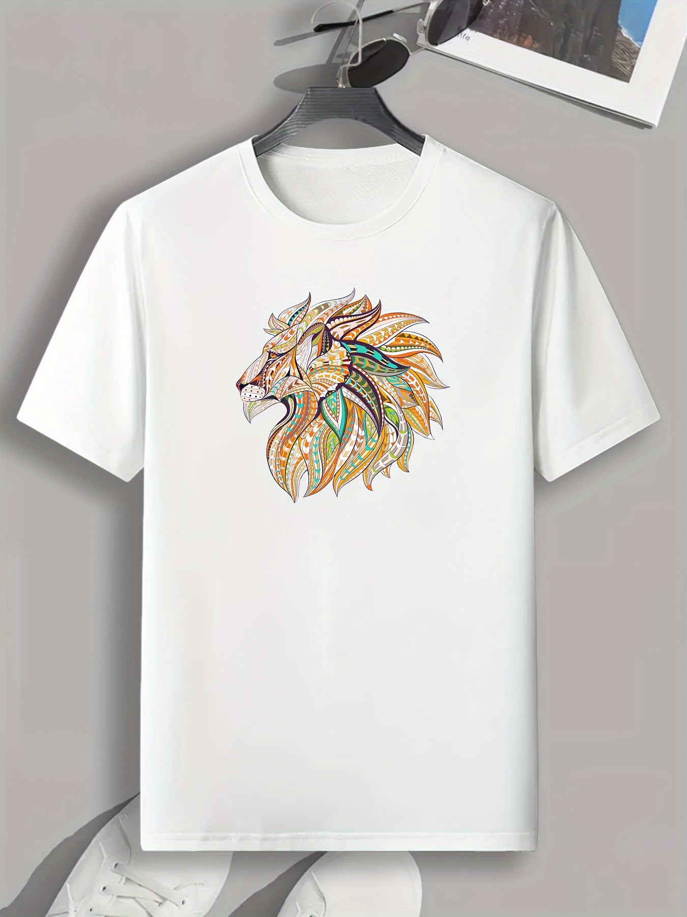 Art Style Lion Pattern Print Men's Comfy Sports T-shirt