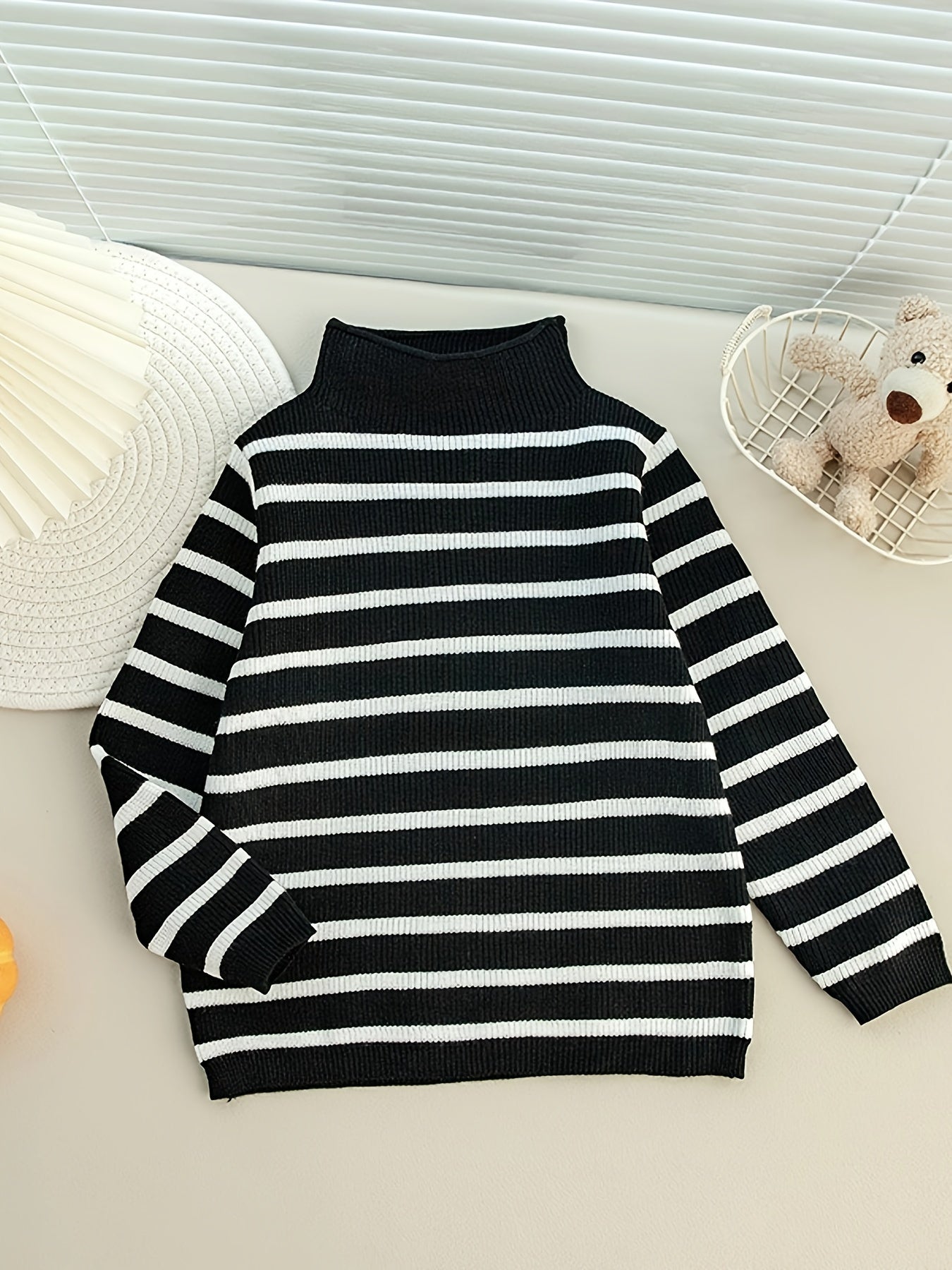 Boys Striped Sweater Round Neck Long Sleeve Warm Knit Pullover Top