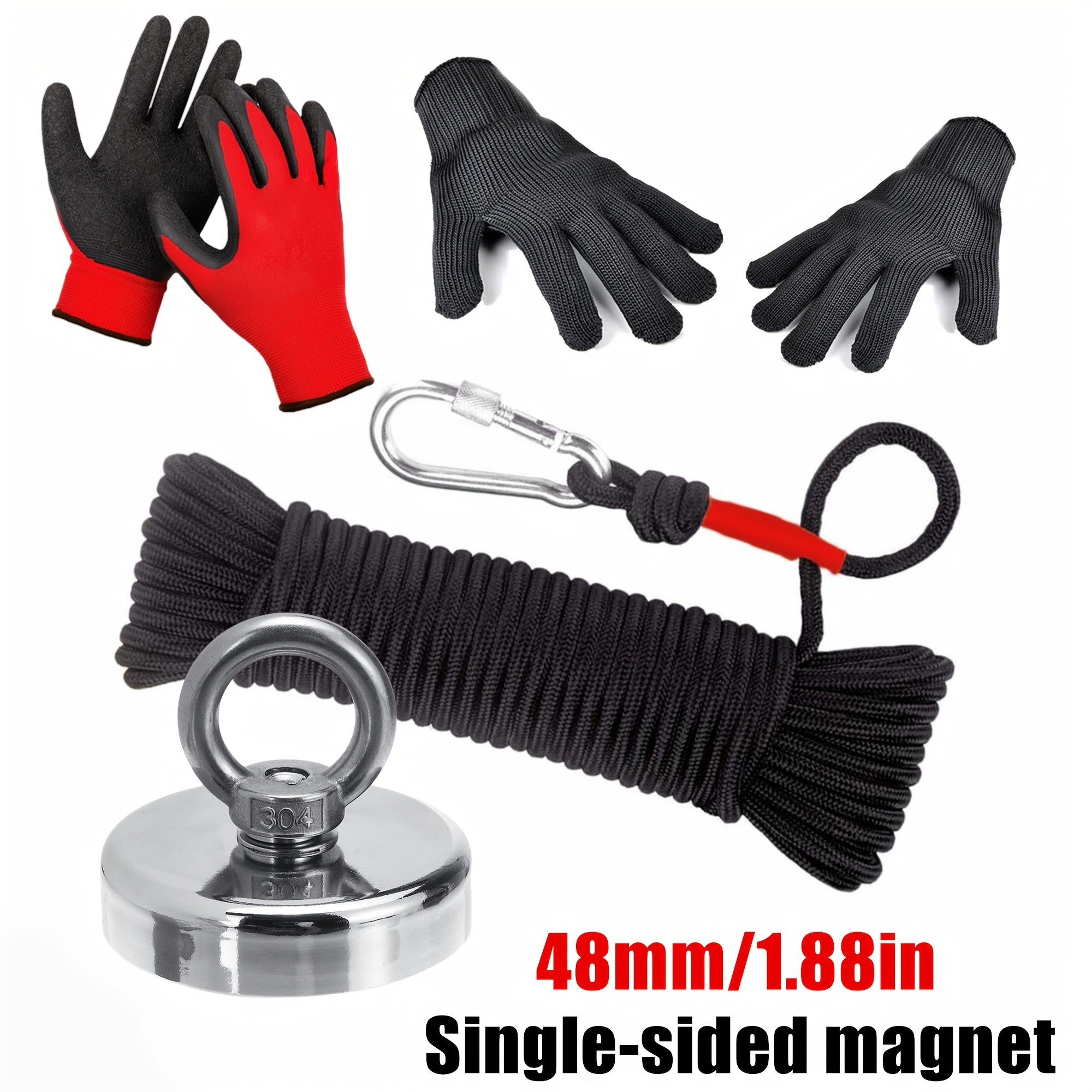 4pcs Fishing Magnet Kit - Outdoor Salvage Set With 65ft Rope, Gloves & Carabiner