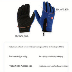 1pair Zipper Anti-splashing Touch Screen Gloves Outdoor Warm Winter Plus Velvet
