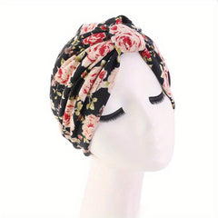 Pleated Boho Turban Cap Leopard Print Beanie Flower Elastic Skull