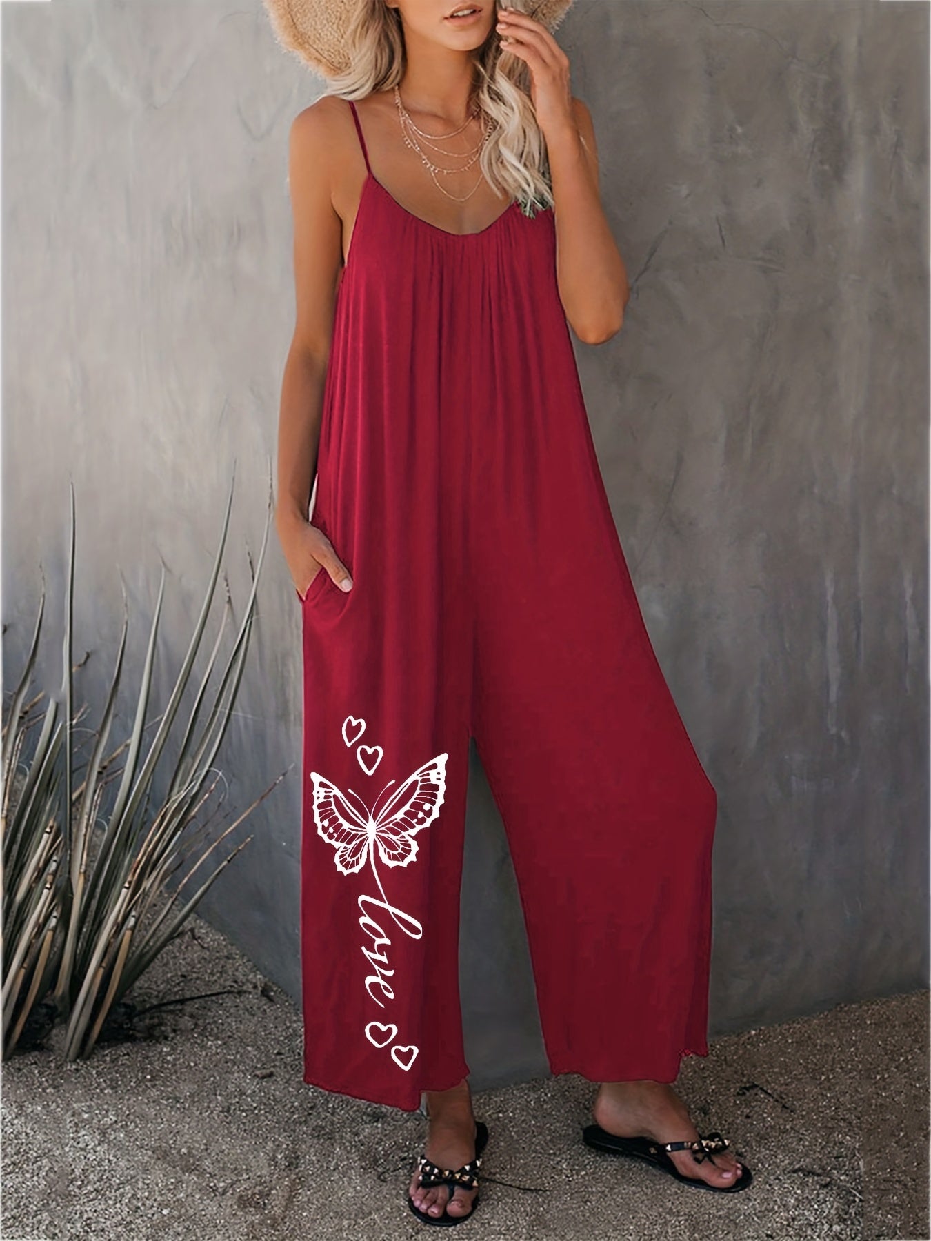 Casual Romper Women's Plus Solid Butterfly & Heart Print Cami Jumpsuit