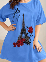 Floral & Tower Print Short Sleeve Round Neck Tee Sleep Dress