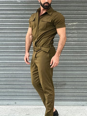 Men's Full Zip Overalls Streetwear Short Sleeve Jumpsuit