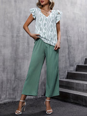 Ruffle Sleeve V Neck Blouse & Wide Leg Pants Set