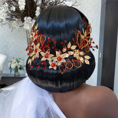Handwoven Red Rhinestone & Golden Leaf Bridal Hair Accessory