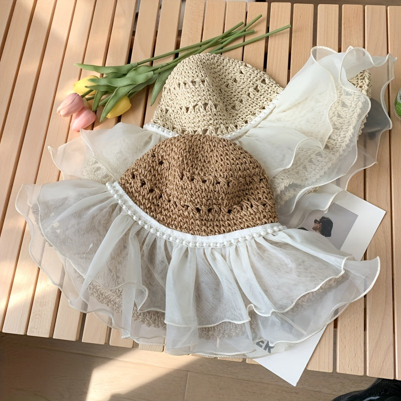 Ruffled Sun Hat Lace Straw Bucket Hat