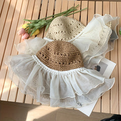 Ruffled Sun Hat Lace Straw Bucket Hat