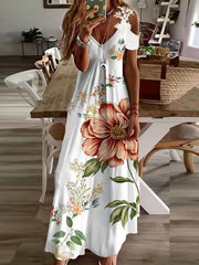 Floral Print Maxi Dress V Neck Casual Short Sleeve Lace Up
