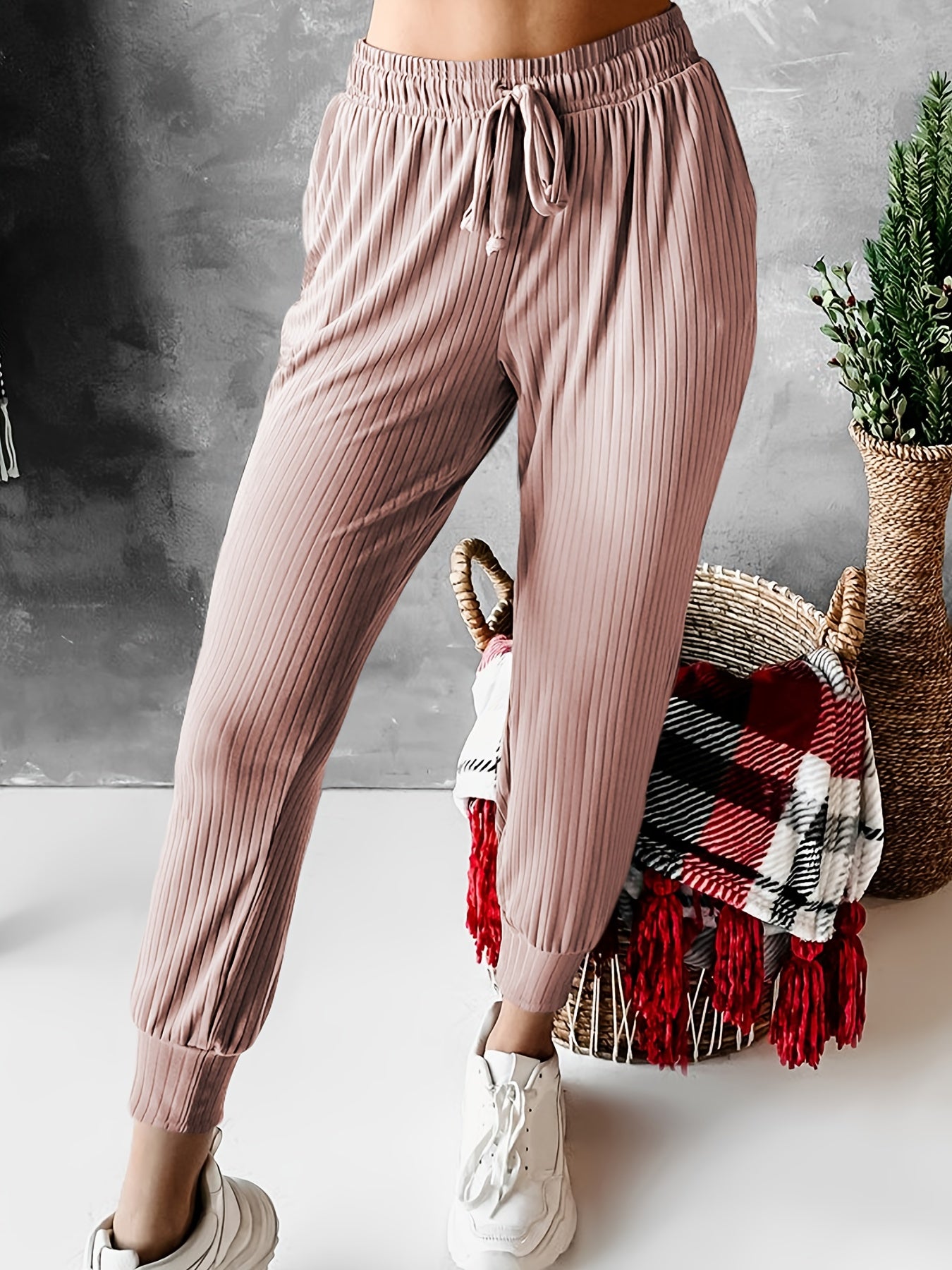 Ribbed Elastic Waist Jogger Pants Women's Athleisure