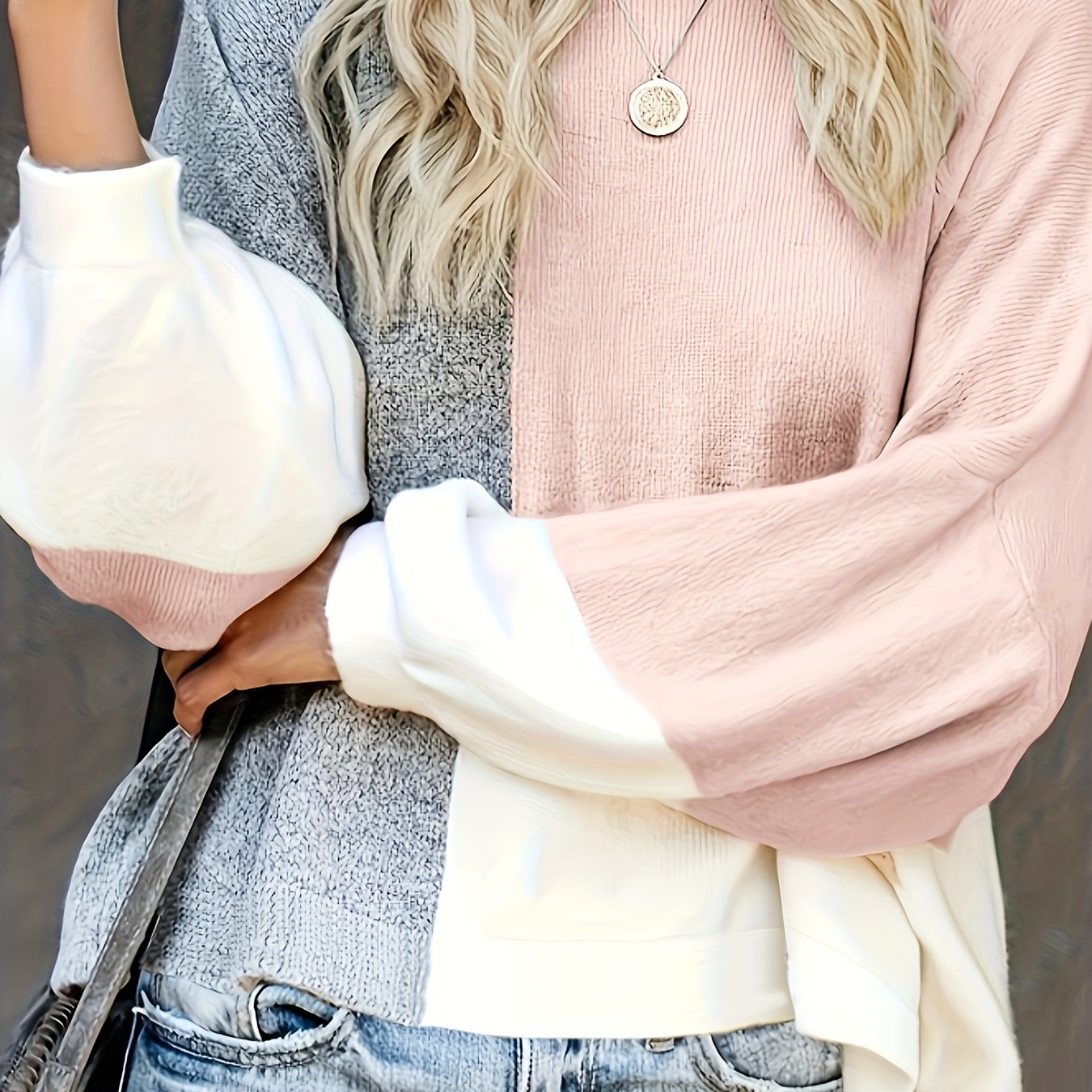 Casual Colorblock Lantern Sleeve Sweater