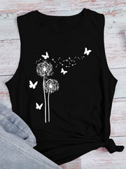 Dandelion Print Tank Top Sleeveless Casual Crew Neck Top