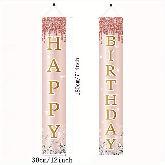 2pcs Pink Rose Golden Happy Birthday Door Banner Decorations