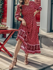 Boho Border Floral Print Maxi Dress Lantern Sleeve V Neck Ruffle Trim