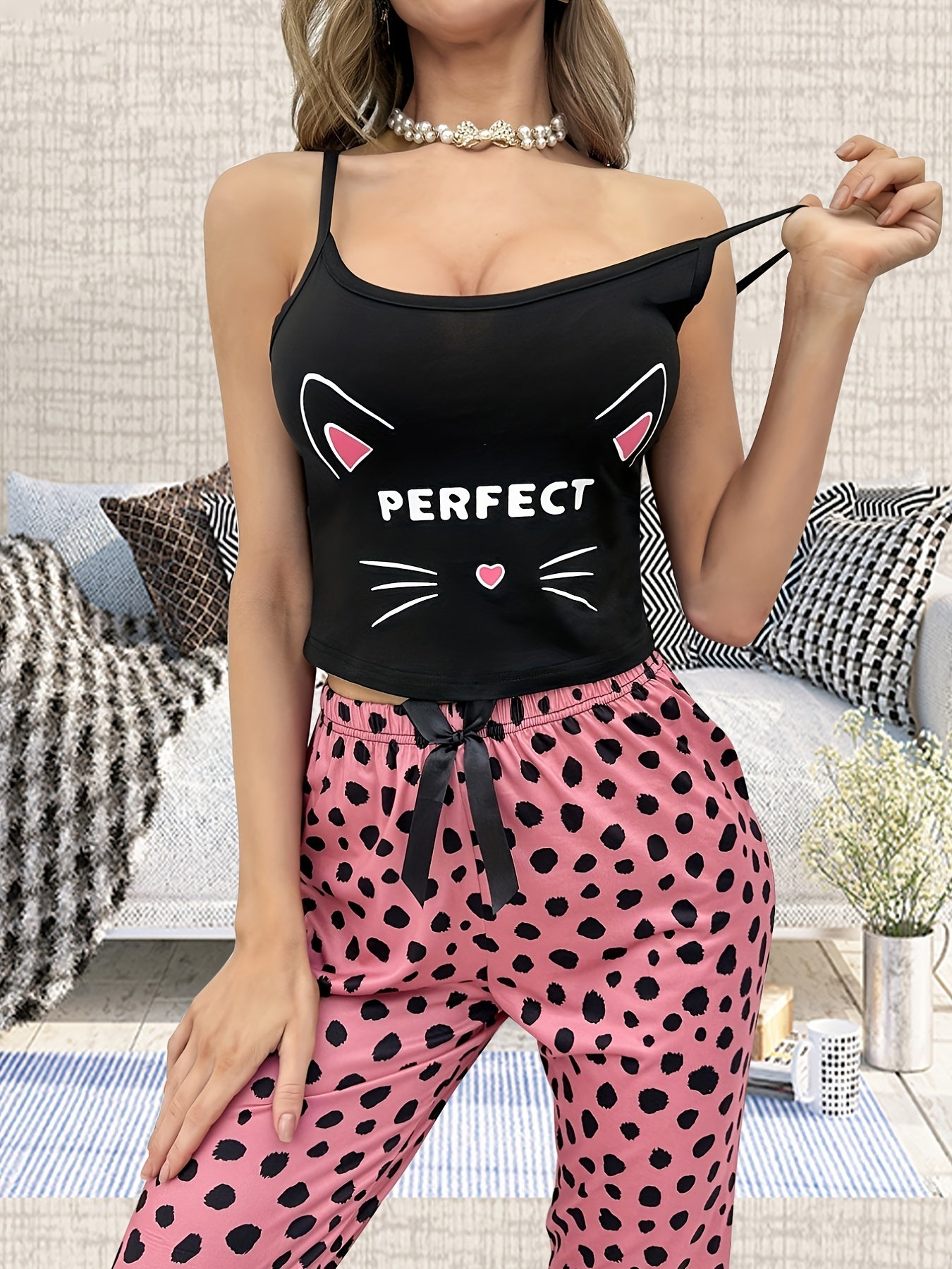 Cat Print Pajama Set Scoop Neck Cami Top & Pants Women's Sleepwear